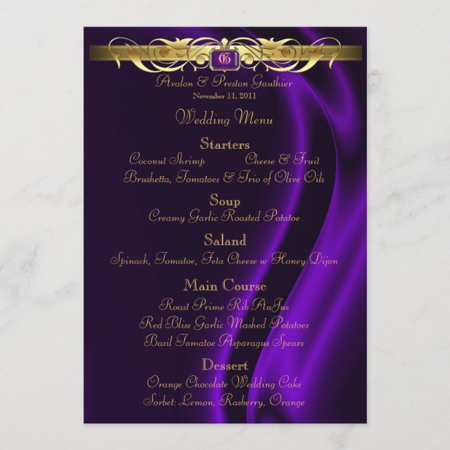 Menu Dourado de seda roxo do casamento do rolo do (Frente)
