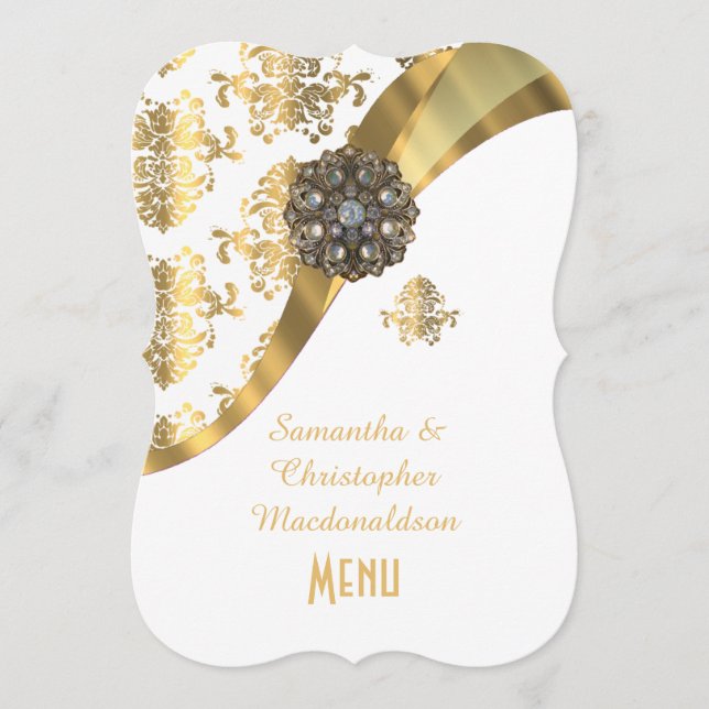 Menu Dourado e branco do casamento tema damasco (Frente)