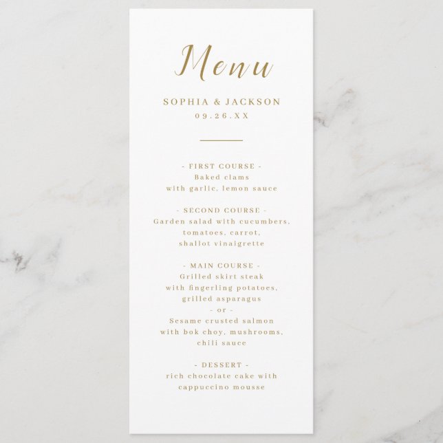 Menu Dourado e elegante casamento com guião romântico (Frente)