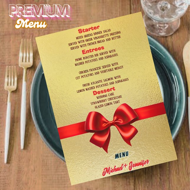 Menu Dourado Elegante de Casamento com Fita Vermel (Criador carregado)