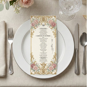 Menu Dourado Falso e Rosado Floral em Aquarela
