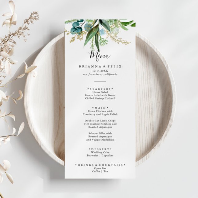 Menu Dourado Floral com Janto Tropical Greenery (Criador carregado)