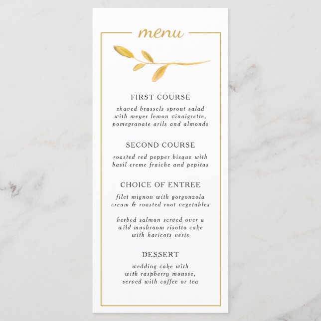 Menu Dourado galho elegante. Casamento moderno Chic (Frente)