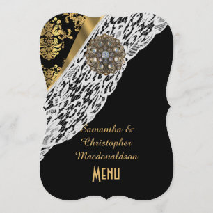 Menu Dourado macho preto, branco, cardápio de casamento