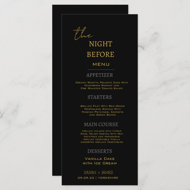 Menu Dourado Mínimo Na Noite Antes Do Casamento (Frente/Verso)