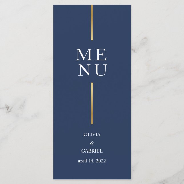Menu Dourado preto e branco. Simples casamento azul mod (Frente)