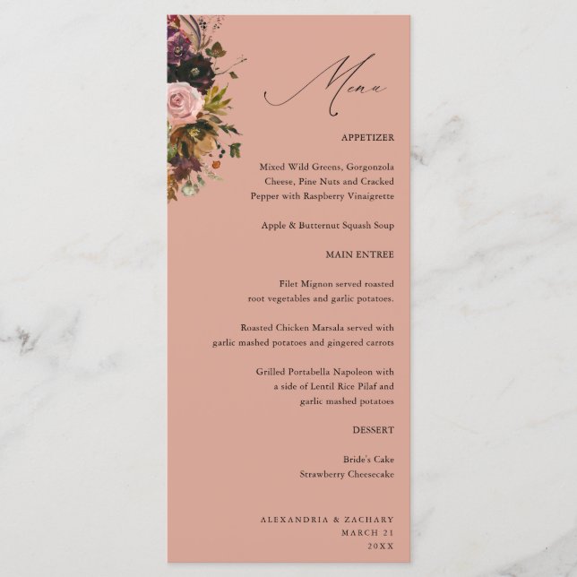 Menu Dourado, Roxo e Floral Cor-de-Rosa 4 Branco (Frente)