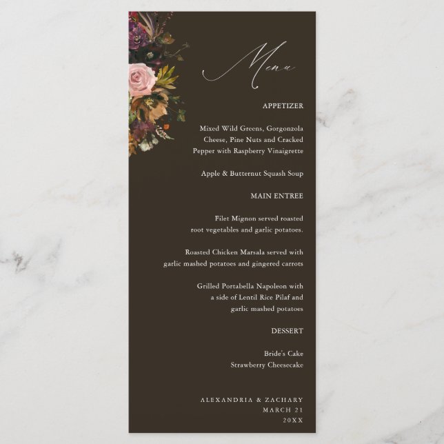 Menu Dourado, Roxo e Floral Rosa 4 Castanho (Frente)