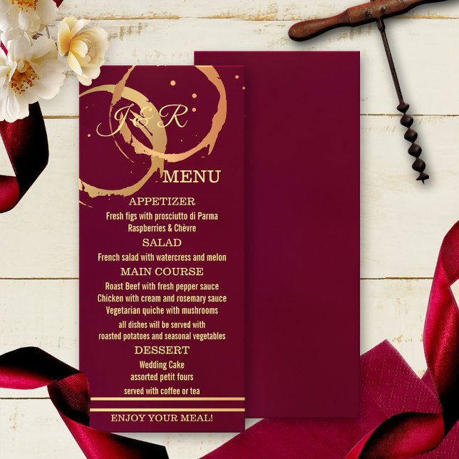 Menu Dourado Vinho Marsala (Elegant modern menu card featuring a burgundy marsala design with gold printed wine stains.)