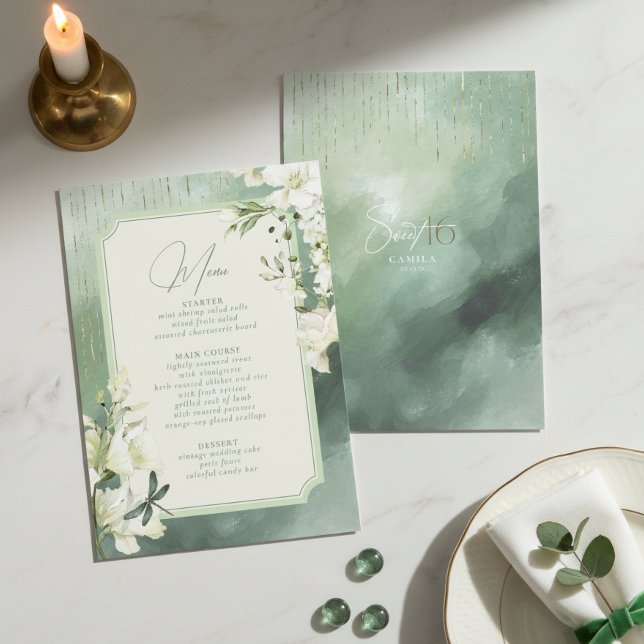 Menu Dragonfly Floral Sweet 16 Sage Verde ID1310 (Criador carregado)