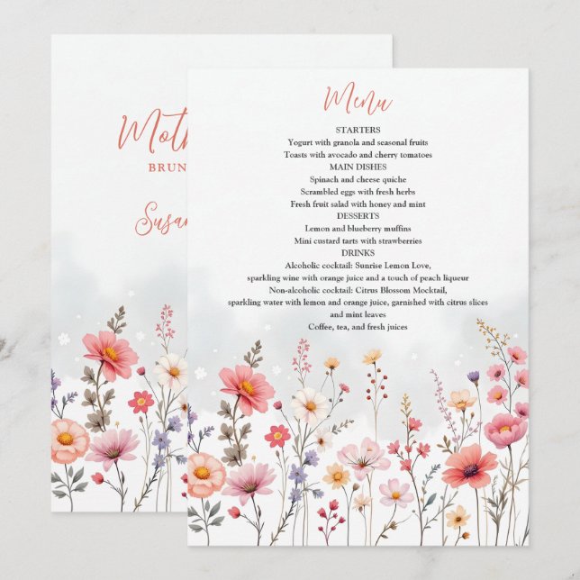 Menu Dreamy Spring Mothers Day Wildflowers Floral (Frente/Verso)