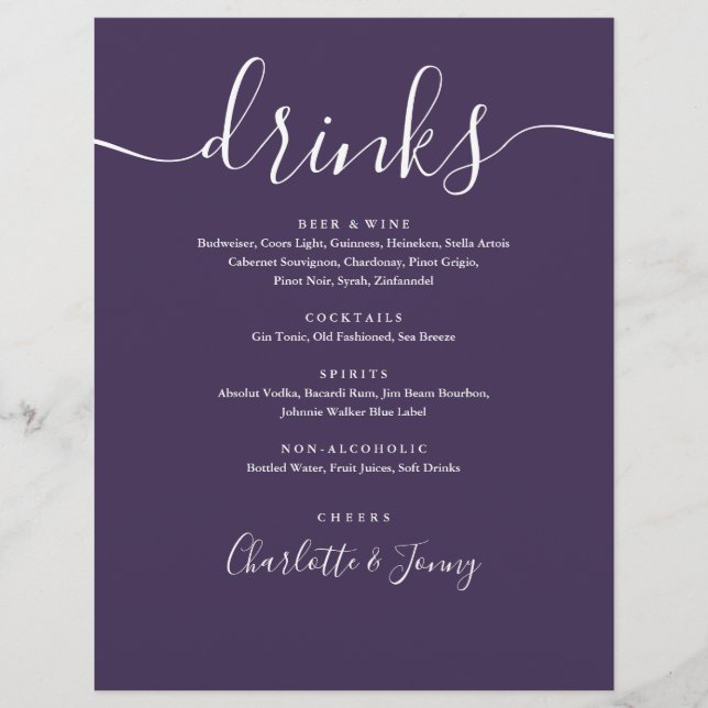 Menu Drinks de Casamento de Script Moderno Roxo (Frente)