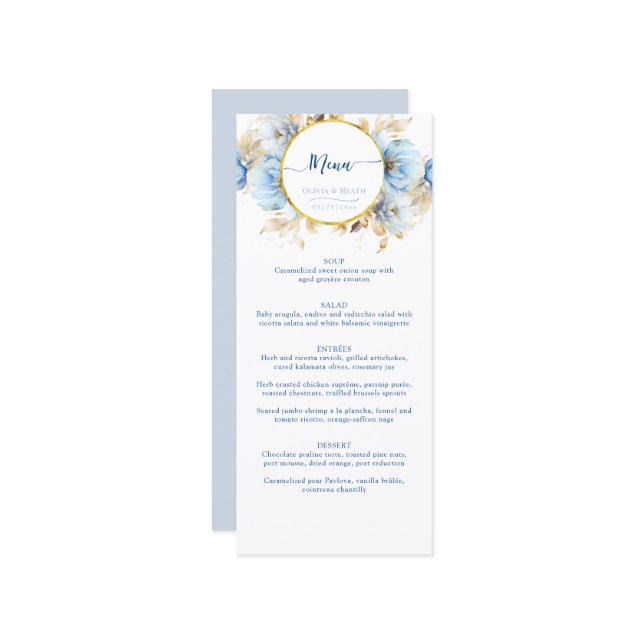 Menu Dusty Blue 2 Casamento Dourado Floral (Frente/Verso In Situ)