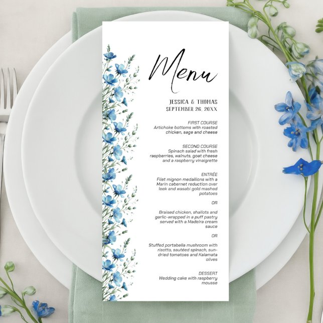 Menu Dusty Blue Boho Chic Wildflower Elegant Weding (Criador carregado)