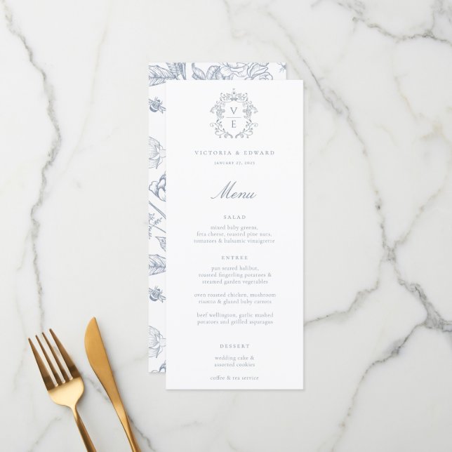 Menu Dusty Blue Crest Casamento Monograma (Frente/Verso In Situ)