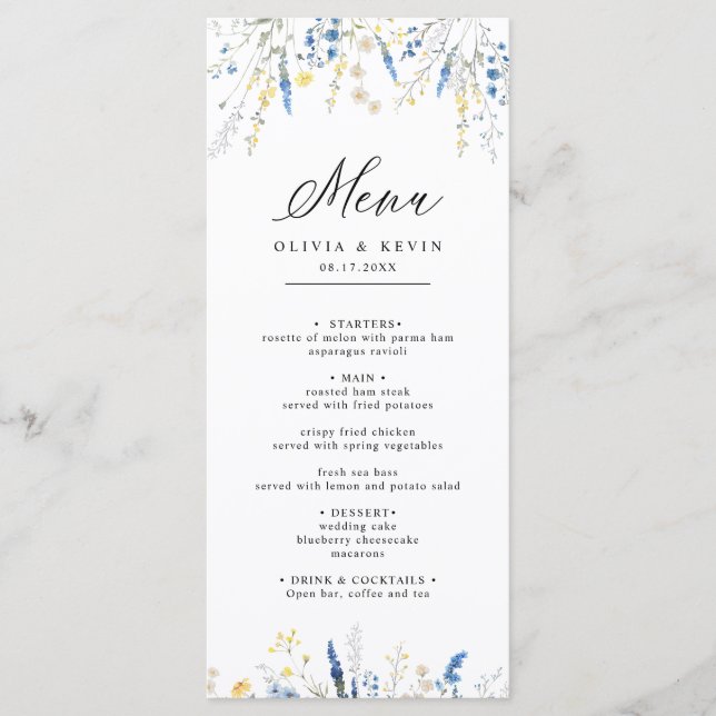 Menu Dusty Blue Daison Wild Floral Boho Casamento (Frente)