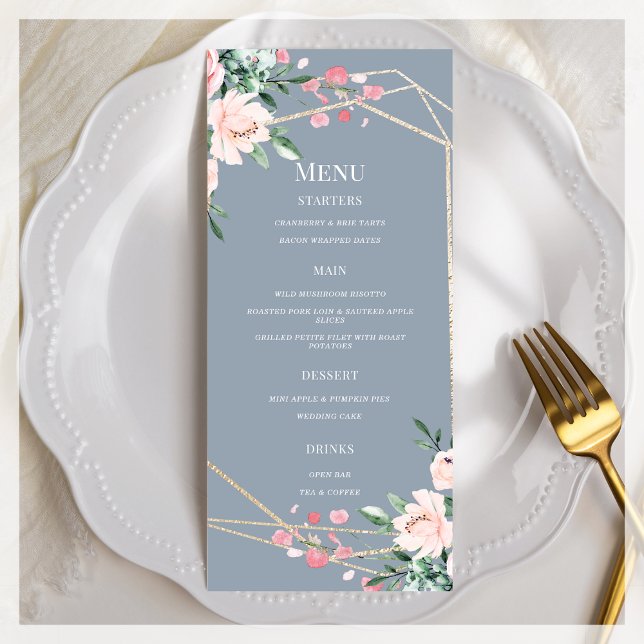 Menu Dusty Blue | DOURADO | Casamento Floral Rosa Esbra (Criador carregado)