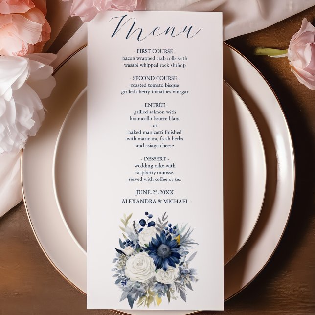 Menu Dusty Blue e Marinho Floral Elegante Casamento (Criador carregado)