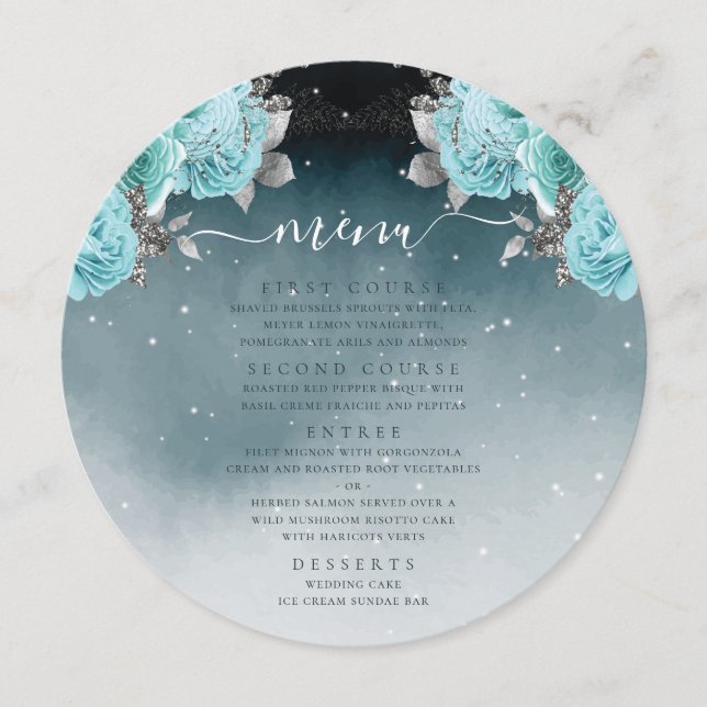 Menu Dusty Blue Floral Casamento de Luxo (Frente)