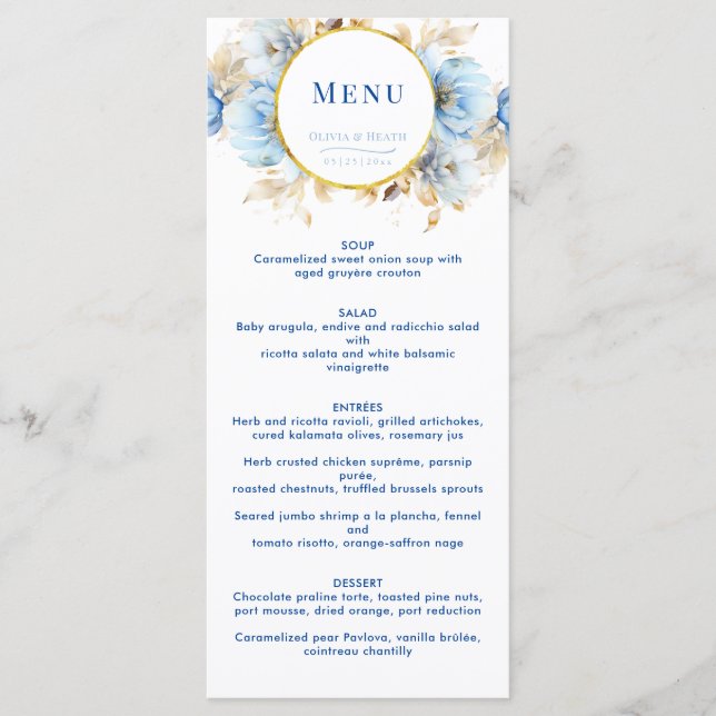 Menu Dusty Blue Floral Dourado Casamento (Frente)