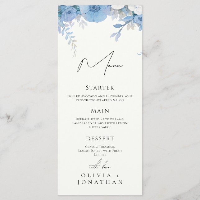 Menu Dusty Blue Floral Elegant Wedding (Frente)