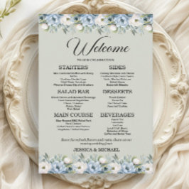 Menu Dusty Blue Floral Sage Recepção de Casamento Verde