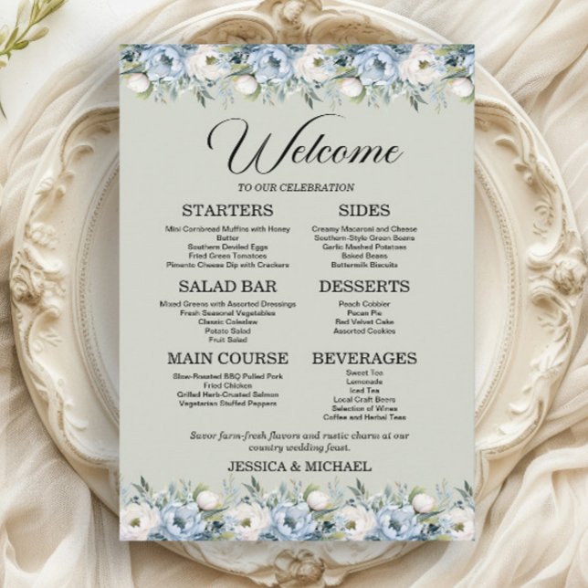 Menu Dusty Blue Floral Sage Recepção de Casamento Verde (Dusty blue and white watercolor floral on sage green 5"x7" wedding menu)
