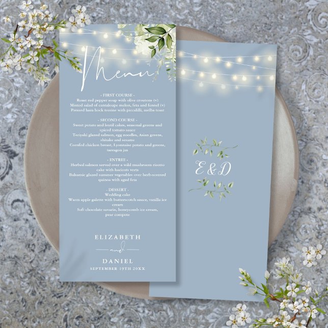 Menu Dusty Blue Floral String Lights Janto de Casamento (Dusty Blue Floral String Lights Wedding Dinner Menu)