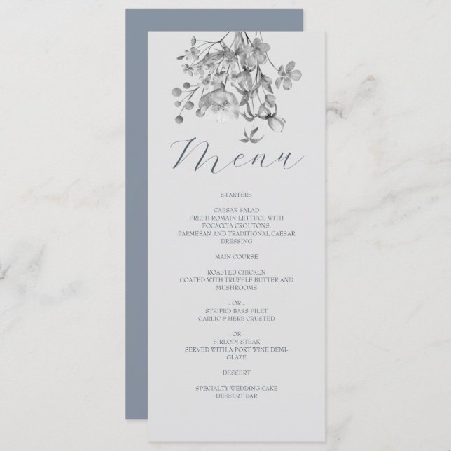 Menu Dusty Blue Floral Weding (Frente/Verso)