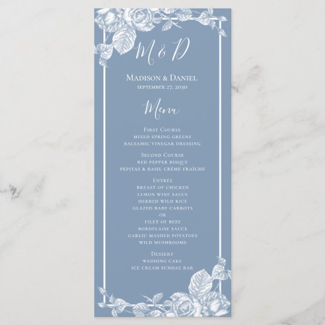 Menu Dusty Blue Floral Weding (Frente)