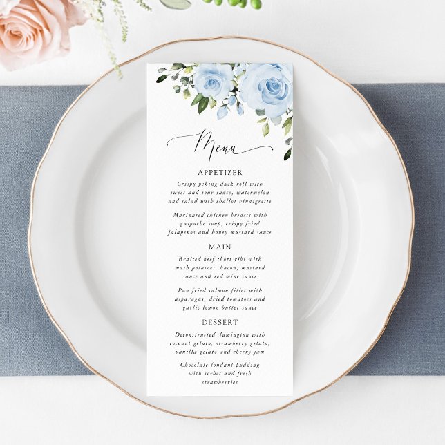 Menu Dusty Blue Flowers, Greenery, Boho, Floral Wedding (Criador carregado)