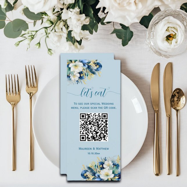 Menu Dusty Blue Glitter Floral Código QR Casamento (Criador carregado)