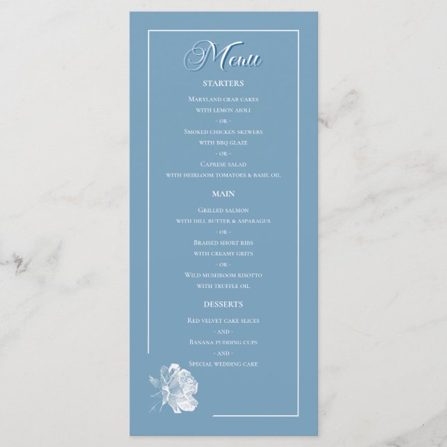 Menu Dusty Blue Line Art Rose Dinner Courses Wedding (Frente)