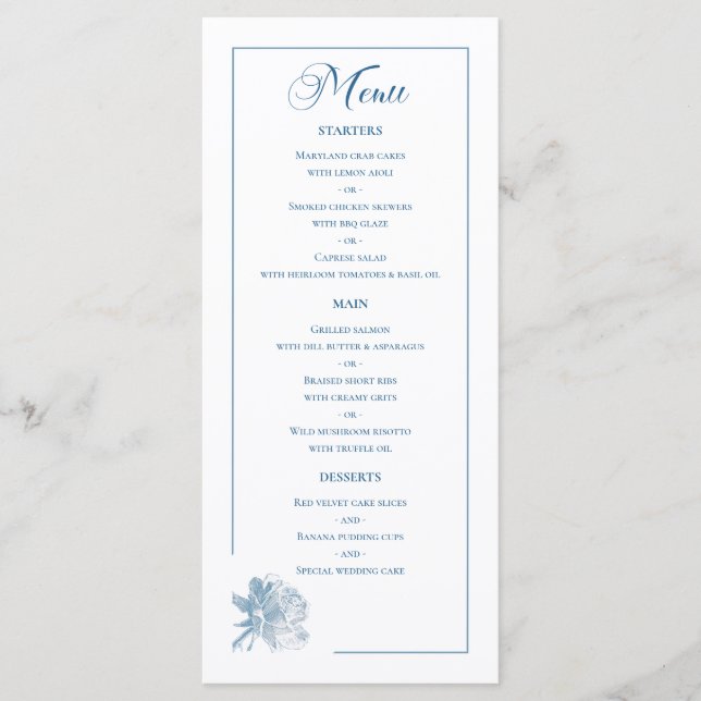 Menu Dusty Blue Line Art Rose Dinner Details Wedding (Frente)