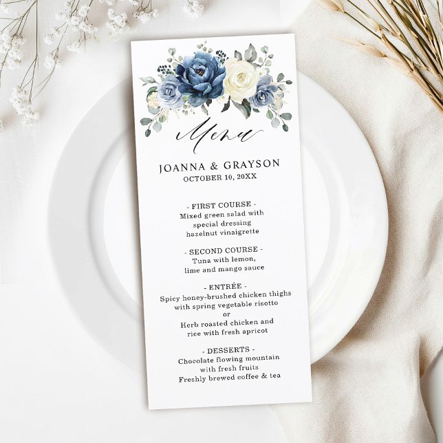 Menu Dusty Blue Marinho Champanhe Ivory Floral Casament (Dusty Blue Navy Champagne Ivory Floral Wedding Menu)