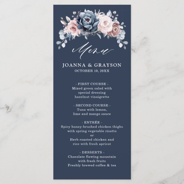 Menu Dusty Blue Mauve Rosa rosa Slate Floral Casamento  (Frente)