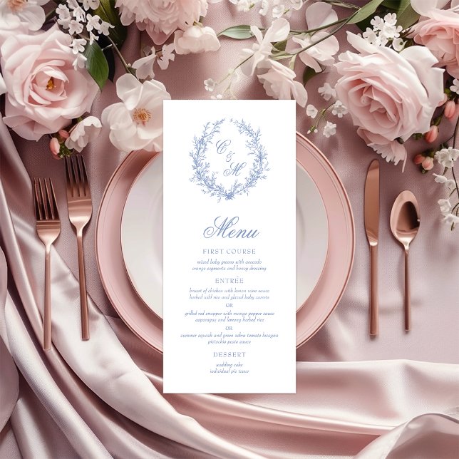 Menu Dusty Blue Monograma Botanical Wreath Casamento (Criador carregado)