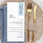 Menu Dusty Blue Personalized with Guest Name Elegant<br><div class="desc">Why spend in place cards and menu cards when you can have an elegant All-in-one elegant Menu personalized with each guest name! Contemporary, simple and elegant design with beautiful modern hand written calligraphy. Stripe on the top right corner in dusty blue tone with guest name in black. Back in same...</div>