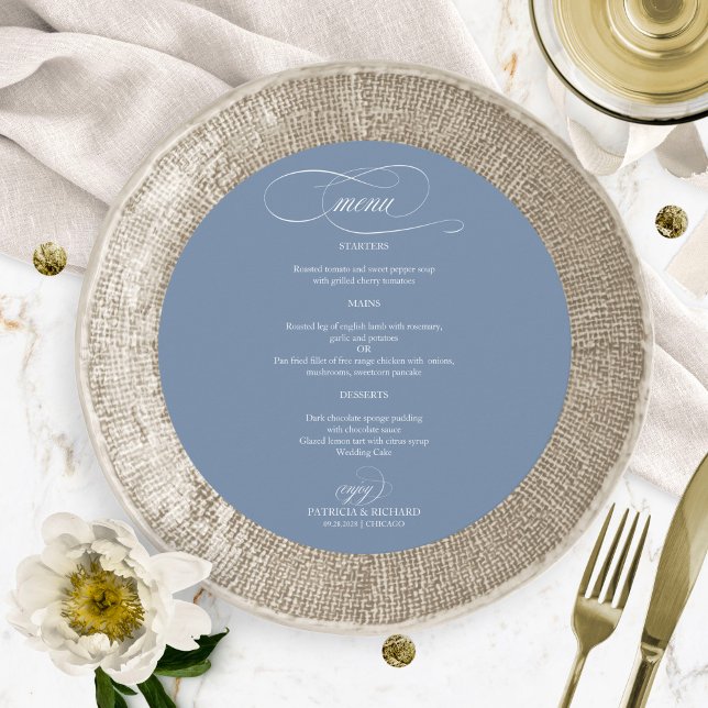 Menu Dusty Blue Simple Elegant Round Weding Menu (Criador carregado)