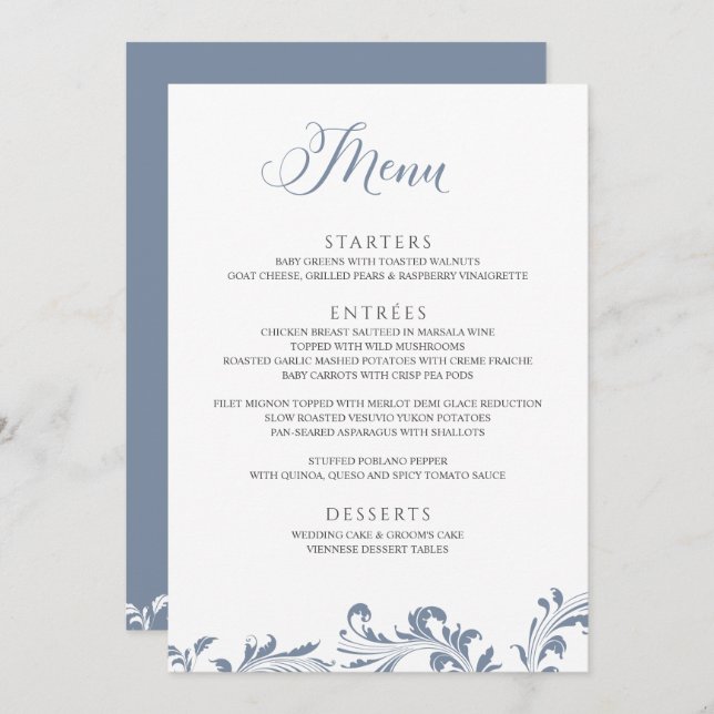 Menu Dusty Blue Wedding Vintage Elegant Classic (Frente/Verso)