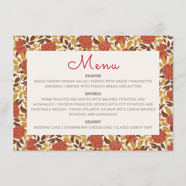 Menu Dusty Brunt Orange Peony Flowers Casamento outono (Frente)