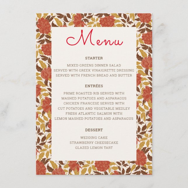 Menu Dusty Brunt Orange Peony Flowers Casamento outono (Frente)