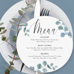 Menu Dusty Eucalyptus Botanical Greeneric Round<br><div class="desc">Eucalytus Wedding Menu com folhas de eucalipto e caligrafia elegante. Esse delicado design botânico tem cor d'água, o eucalipto deixa verde e folhagem em tons de cinza azul empoeirado e verde. Um design natural, rústico e não-floral, que se adapta a uma variedade de temas, desde jardim clássico até boho orgânico...</div>