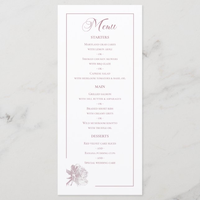 Menu Dusty Pink Line Art Rose Dinner Details Wedding (Frente)