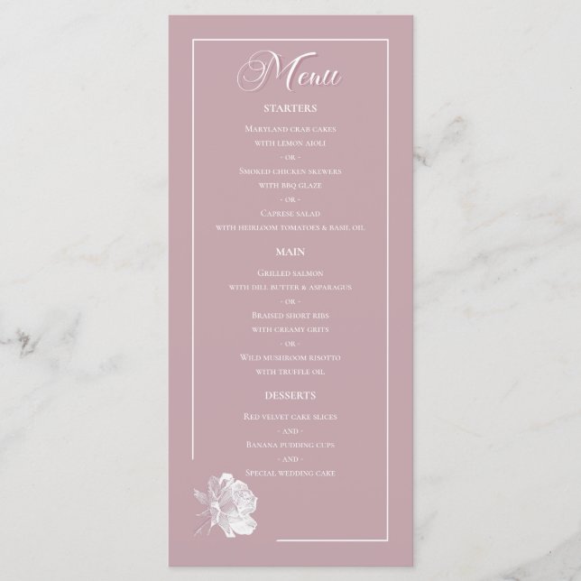 Menu Dusty Pink Line Art Rose Dinner Details Wedding (Frente)