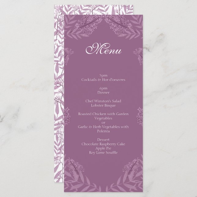 Menu Dusty Plum Purple Weding Botânico (Frente/Verso)