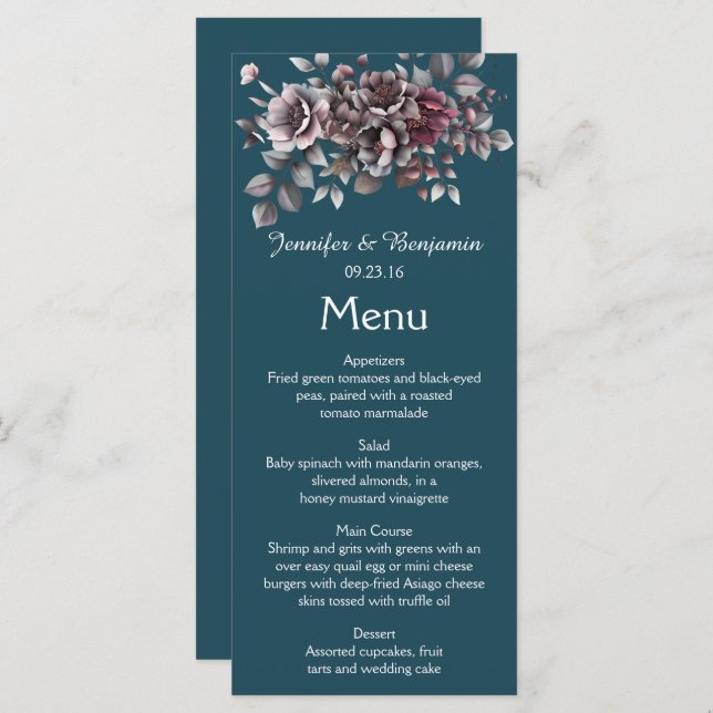 Menu Dusty Purple, Dark Teal, Dusty Lavender Wedding | (Frente/Verso)