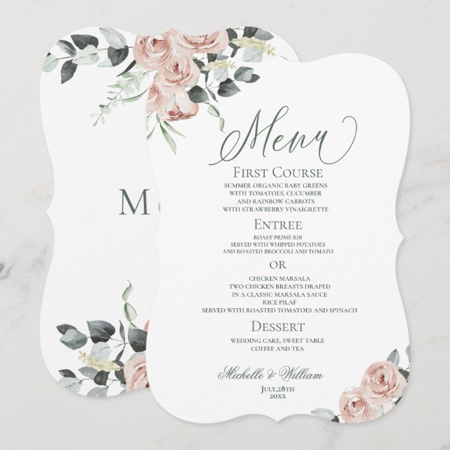 Menu Dusty Rosa Eucalyptus Floral Wedding (Frente/Verso)