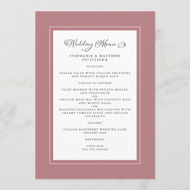 Menu Dusty Rosa Wedding Modern Chic Borders (Frente)