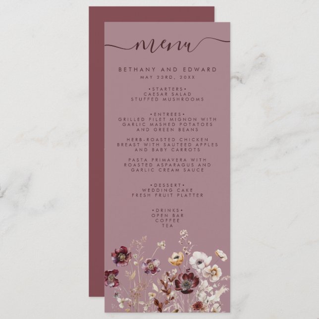 Menu Dusty Rosa Wildflower Wedding (Frente/Verso)